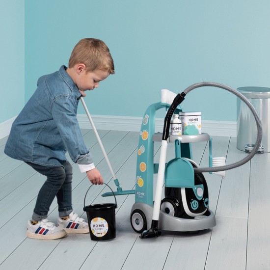 Smoby Tīrīšanas ratiņi uz riteņiem ar 9 piederumiem - tīrīšanas līdzekļi New