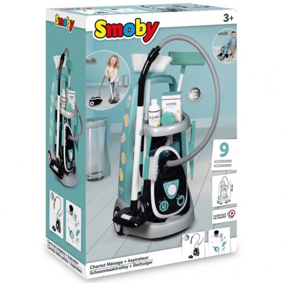 Smoby Tīrīšanas ratiņi uz riteņiem ar 9 piederumiem - tīrīšanas līdzekļi New