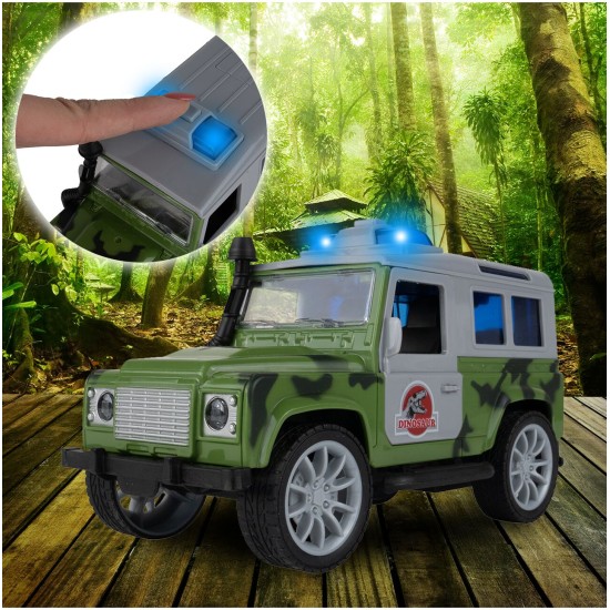 JEEP automobilis su priekaba ir dinozauru