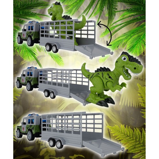JEEP automobilis su priekaba ir dinozauru