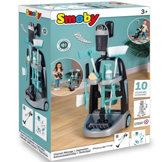 Smoby tīrīšanas ratiņi uz riteņiem ar 9 piederumiem - tīrīšanas līdzekļi Rowenta