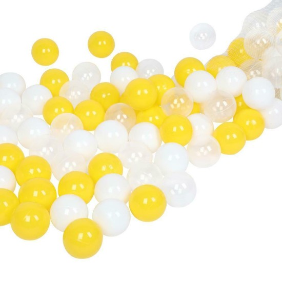 100 gab. krāsainas plastmasas bumbiņas 5,5 cm. balts - dzeltens