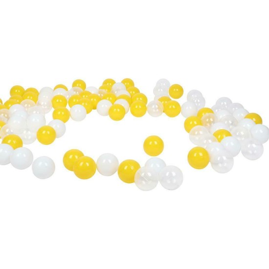 100 gab. krāsainas plastmasas bumbiņas 5,5 cm. balts - dzeltens