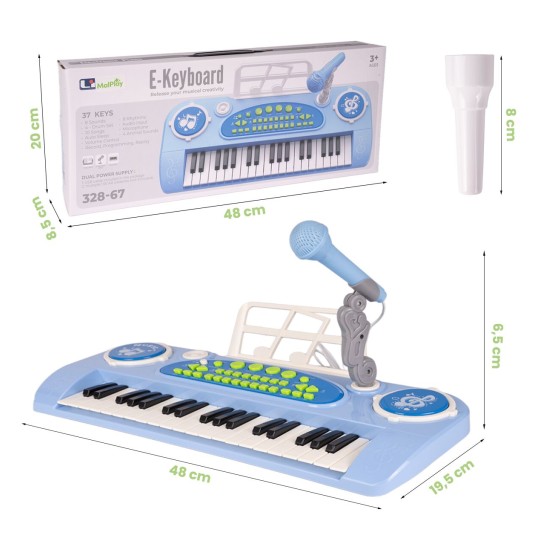 Bērnu klavieres ar 37 taustiņiem un mikrofonu, zilas, USB, MP3