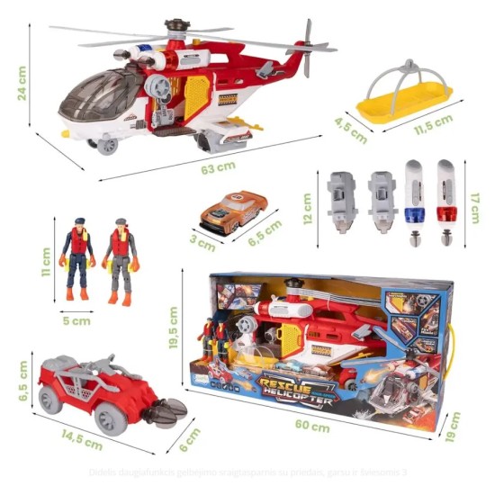 Liels rotaļu glābšanas helikopters ar transportlīdzekļiem un figūrām, 59 cm.