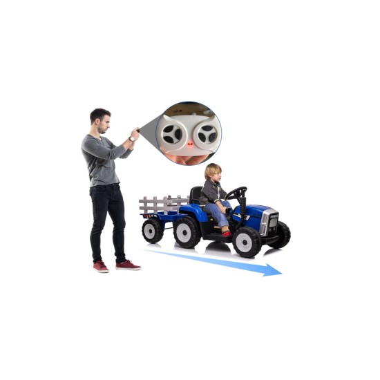 Liels elektriskais traktors ar piekabi, zils