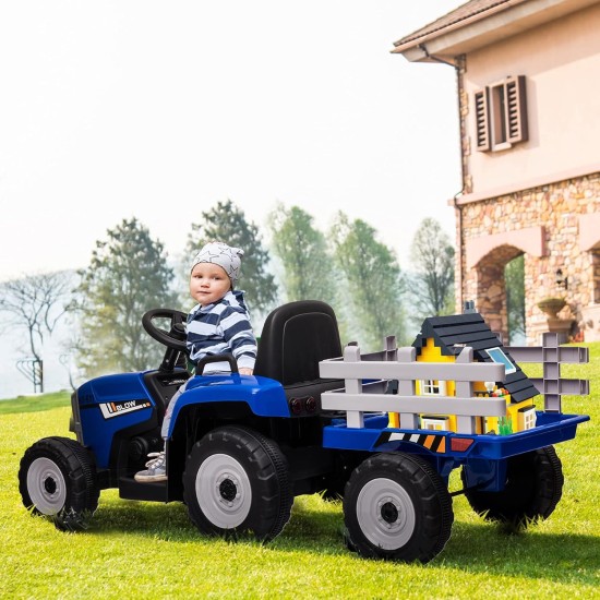 Liels elektriskais traktors ar piekabi, zils