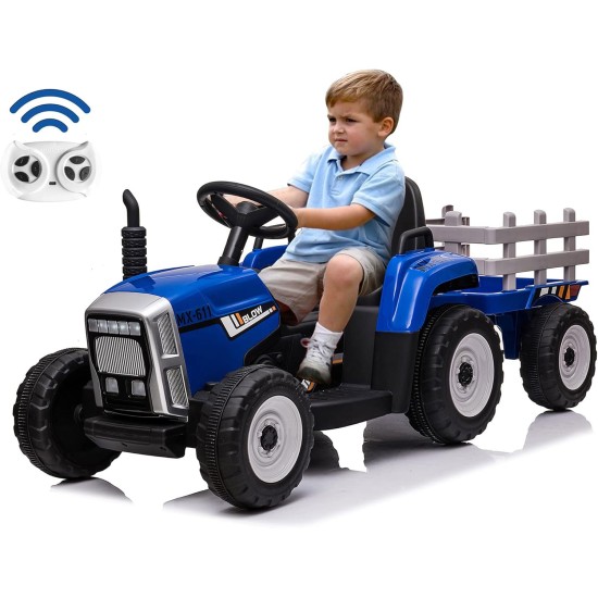Liels elektriskais traktors ar piekabi, zils