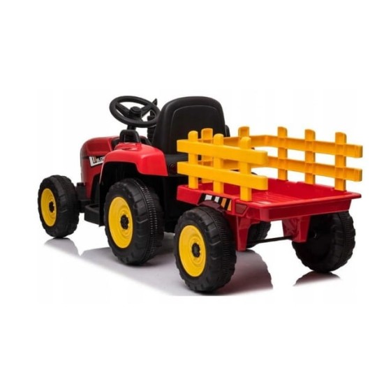 Liels elektriskais traktors ar piekabi, sarkans