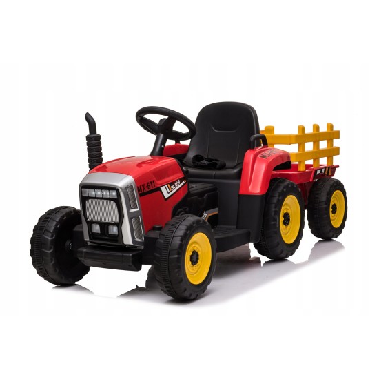 Liels elektriskais traktors ar piekabi, sarkans