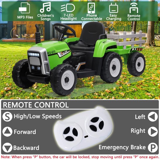 Liels elektriskais traktors ar piekabi, zaļš