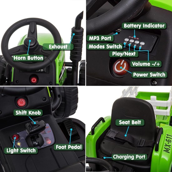Liels elektriskais traktors ar piekabi, zaļš