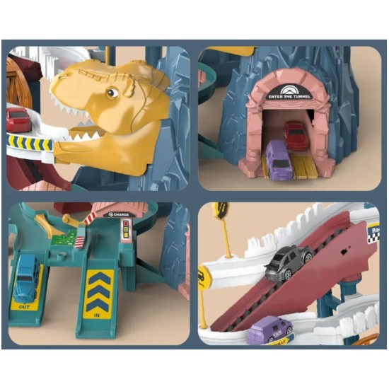 Dinozauru automašīnu trase ar garāžu, 6 līmeņiem, liftiem un 4 automašīnām