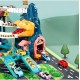 Dinozauru automašīnu trase ar garāžu, 6 līmeņiem, liftiem un 4 automašīnām