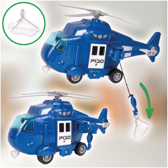 Policijas kravas auto ar piekabi, helikopteru un automašīnu