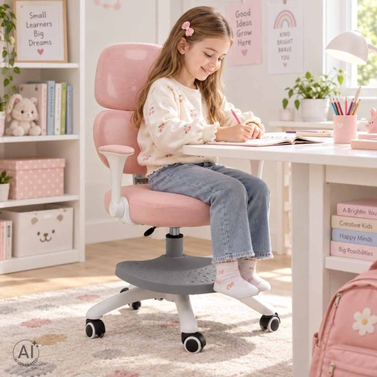 Bērnu rakstāmgalda krēsls, ergonomisks, grozāms, ar regulējamu augstumu, rozā