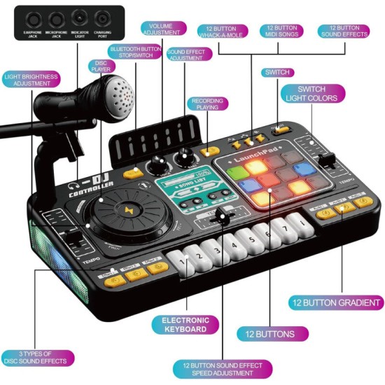 Bērnu DJ pults ar mikrofonu, klavieru taustiņiem, Bluetooth un DJ plašu atskaņotāju