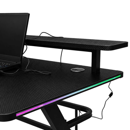 Spēļu galds ar RGB LED pagarinājumu un datora turētājiem, 120x60x70 cm, melns
