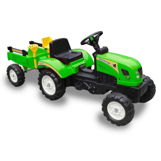 Ar pedāļiem darbināms bērnu traktors ar piekabi un piederumiem