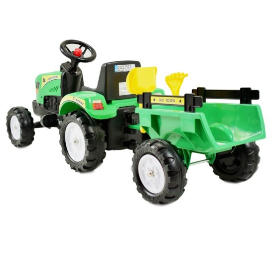 Ar pedāļiem darbināms bērnu traktors ar piekabi un piederumiem