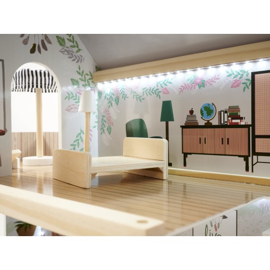 Boho leļļu namiņš ar mēbelēm un LED apgaismojumu 78 cm.