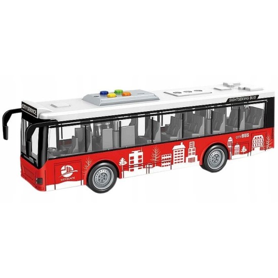 Pilsētas autobusa rotaļu ratiņi ar gaismu, skaņu un atveramām durvīm