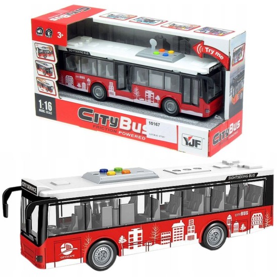 Pilsētas autobusa rotaļu ratiņi ar gaismu, skaņu un atveramām durvīm