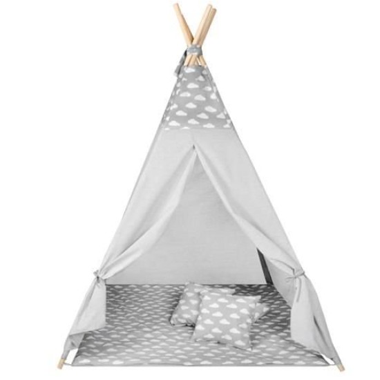 Spēlējiet telts tipi WIGWAM ar mīkstu paklājiņu un 3 pelēkiem spilveniem