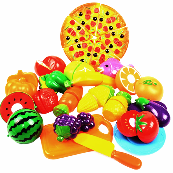 Rotaļlieta, kas griež grozā dārzeņus, augļus un picu