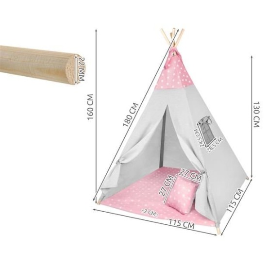 Play telts tipi WIGWAM ar mīkstu paklājiņu un 3 spilveniem Rose